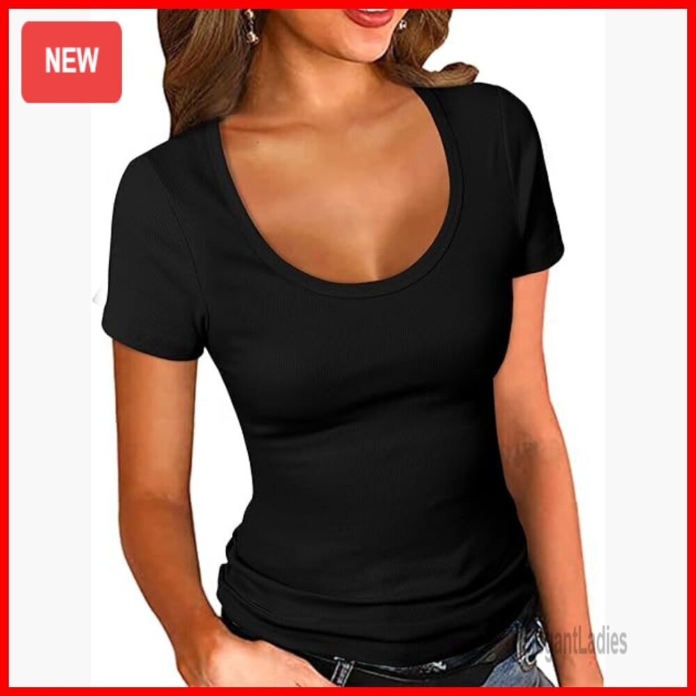 Scoop Neck Ribbed Fitted Shirt Short Sleeve Summer T-Shirt